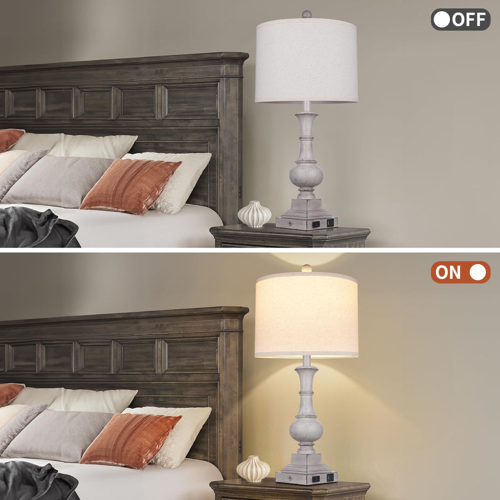 26" Farmhouse Lamp with 2 USB Ports & AC Outlet, Vintage Rustic Touch Control Bedside Lamp, Resin 3-Way Dimmable