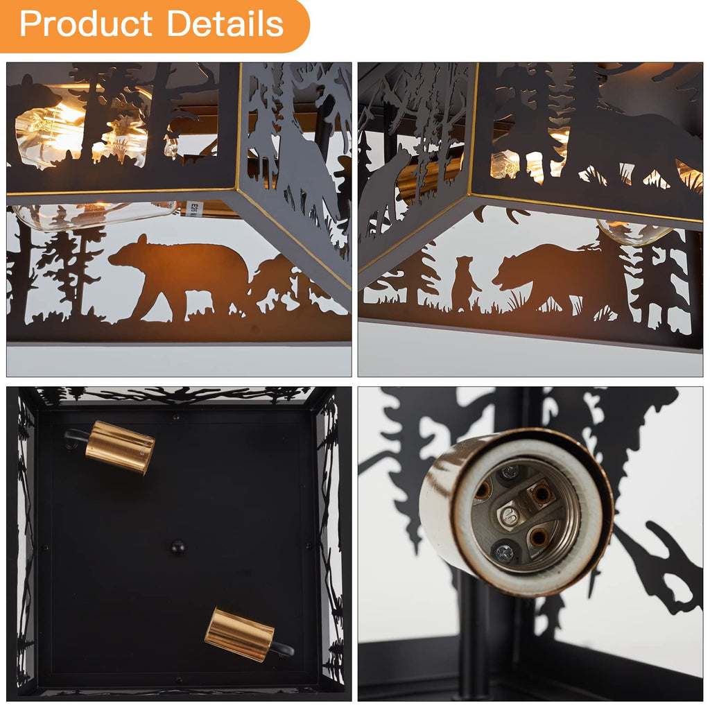 Rustic Bear Flush Mount Ceiling Light Fixture, Farmhouse Vintage Industrial Metal Cage Light Perfect, Foyer