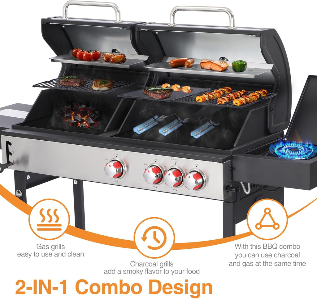 3-in-1 Propane and Charcoal Grill Combo with Side Burner, Griddle and Pot, Cast Iron Grates, 673 Sq. In. Cooking Area