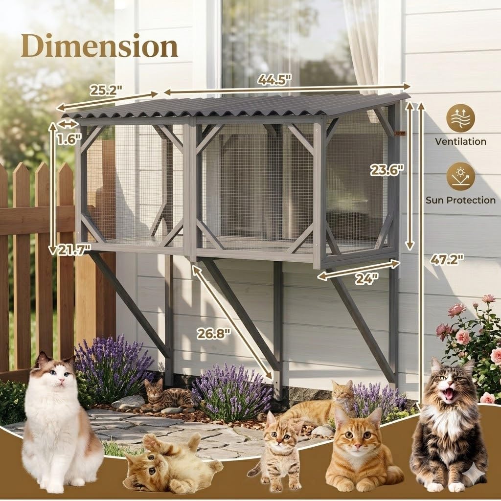 Cat Window Box, Outdoor Window Catio Enclosure for Indoor Cats, Weatherproof UV-Resistant Wooden Cat Window Perch