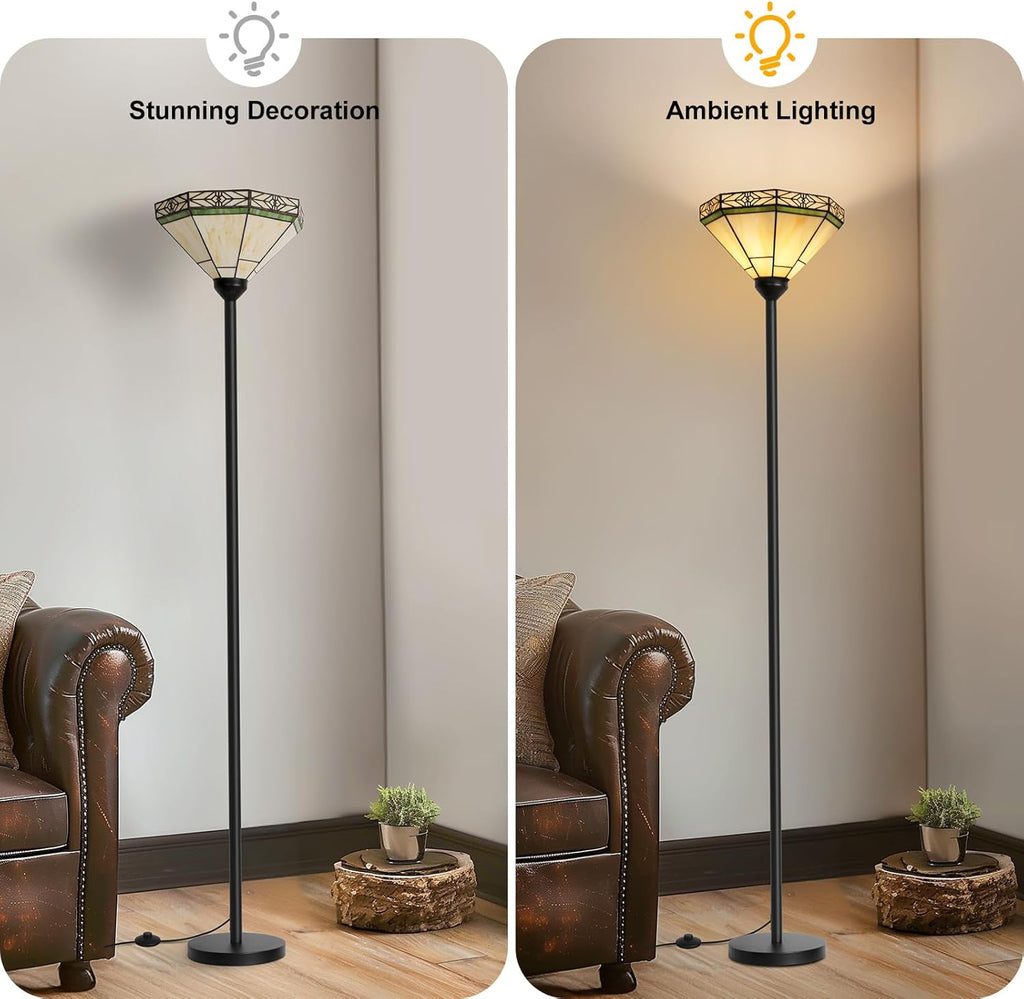 Floor Lamp with Stained Glass Shade, Vintage Style Torchiere Standing Lamp, Tall Pole Lamp with Foot Switch