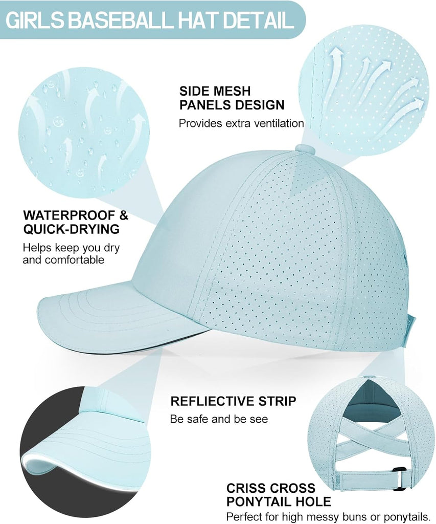 Little Girls Reflective Baseball Cap Criss Cross Ponytail Hat Kids Quick Dry Mesh Summer Sports Hat for Toddler Ages