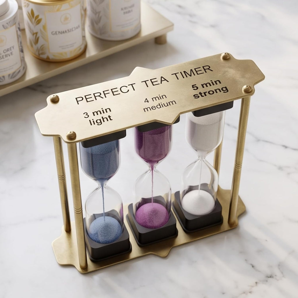 Sand Timer Hourglass Set with Blue Purple White Sand, Brass-Tone Metal Frame, Multiple Timing Options, 4.6 Inch - Set of 3