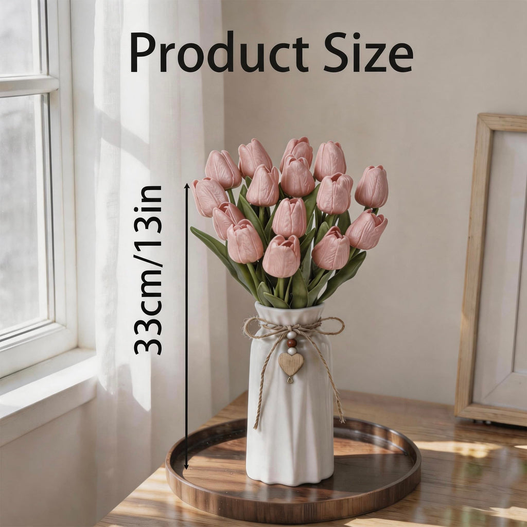 Artificial Tulip Flower Arrangement in Ceramic Vase with Rustic Heart Charm, 15 PCS PU Real Touch Faux Floral Table