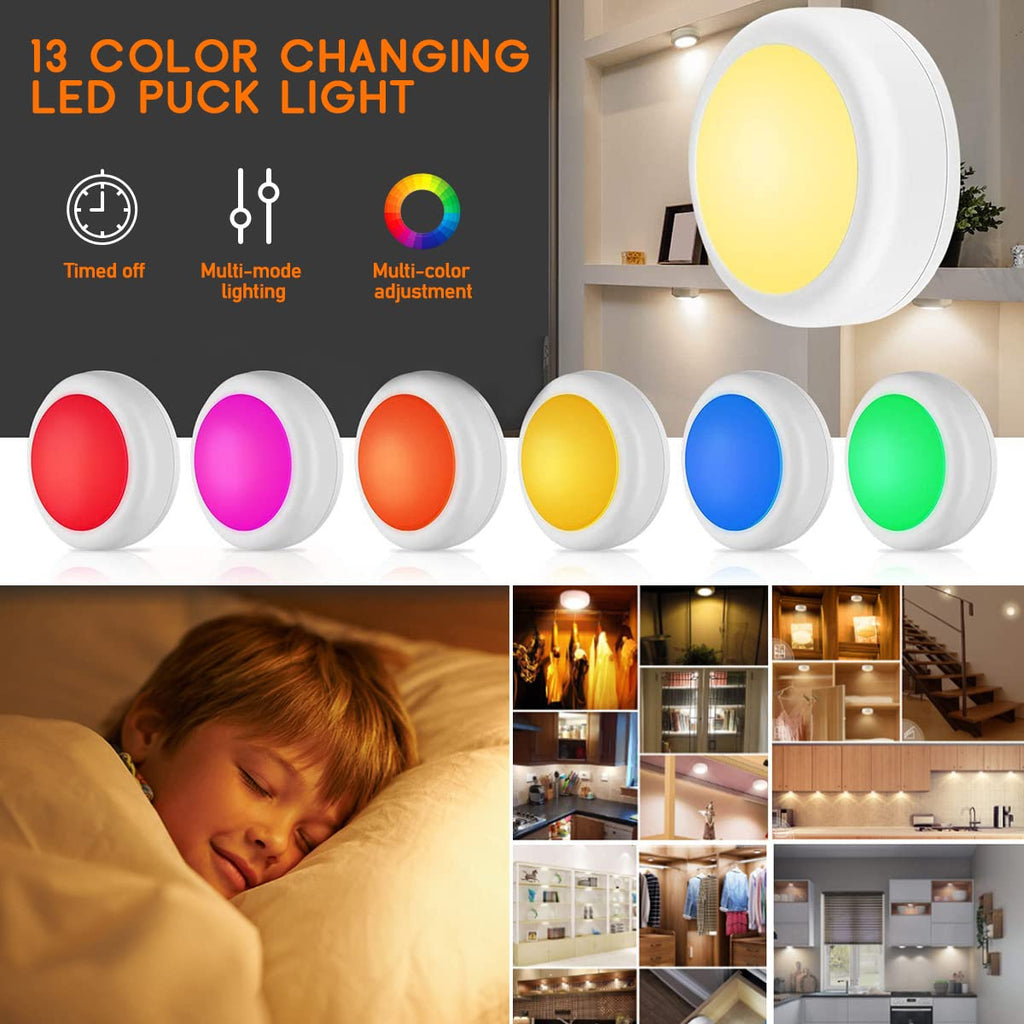 Wireless 16 Color Changing LED Puck Light 6 Pack LED Under Cabinet Lighting Closet Light Battery Powered Night Lights