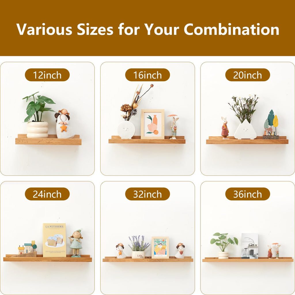 Oak Floating Shelves for Wall 12 Inch (Width 4"), Natural Wood Wall Shelves Display Picture Ledge Shelf Bedroom