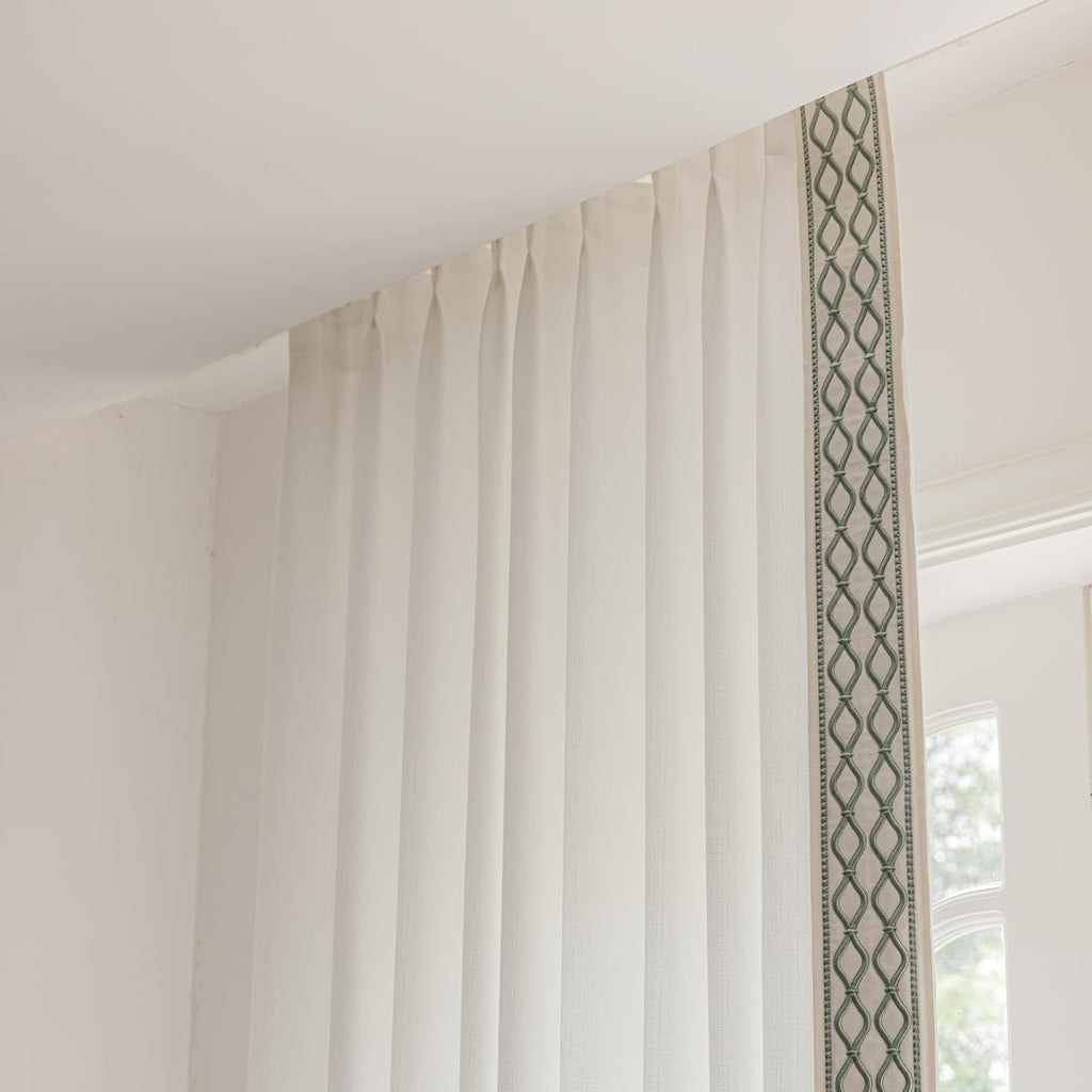 White Colour Linen Curtain Panels with Embroidered Trim Design, Pinch Pleat Curtains, Semi-Sheer Curtains for Sliding