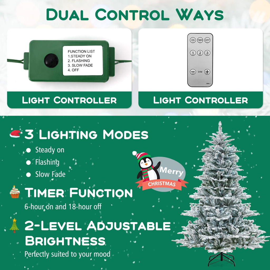 6 FT Pre-lit Artificial Xmas Tree with Remote Control, Flocked Christmas Tree with 661 PE PVC Branch Tips, 500 Cold