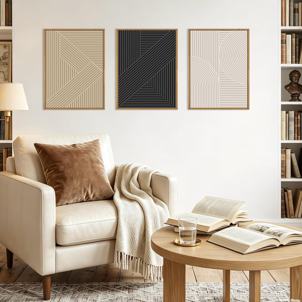 Framed Neutral Wall Art Black Geometric Artwork Modern Painting12x16