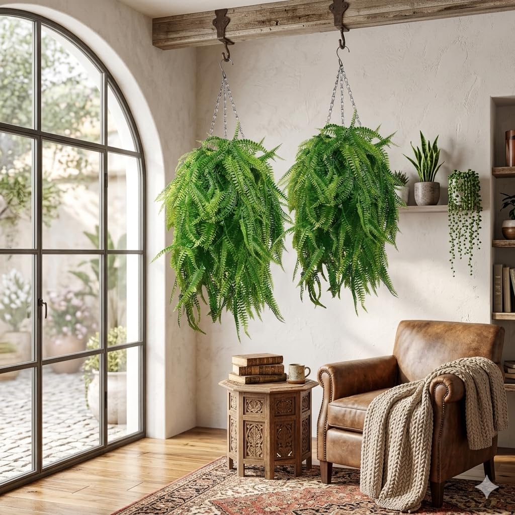 2 Sets Artificial Hanging Fern with Baskets for Outdoor