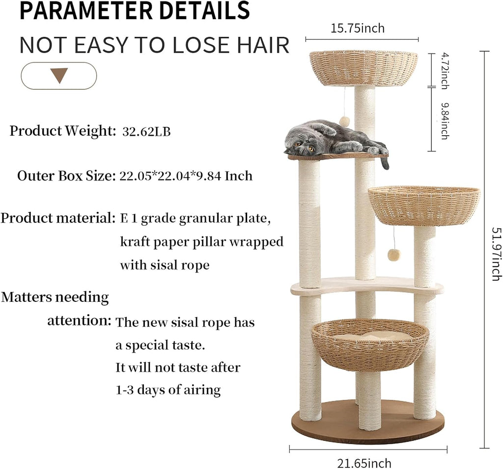 52" Modern Cat Tree Tower for Large Cats, 3Cat Nests Manual Hand Woven Multilevel Huge Paws Pals Cat Tree, Wood Cat