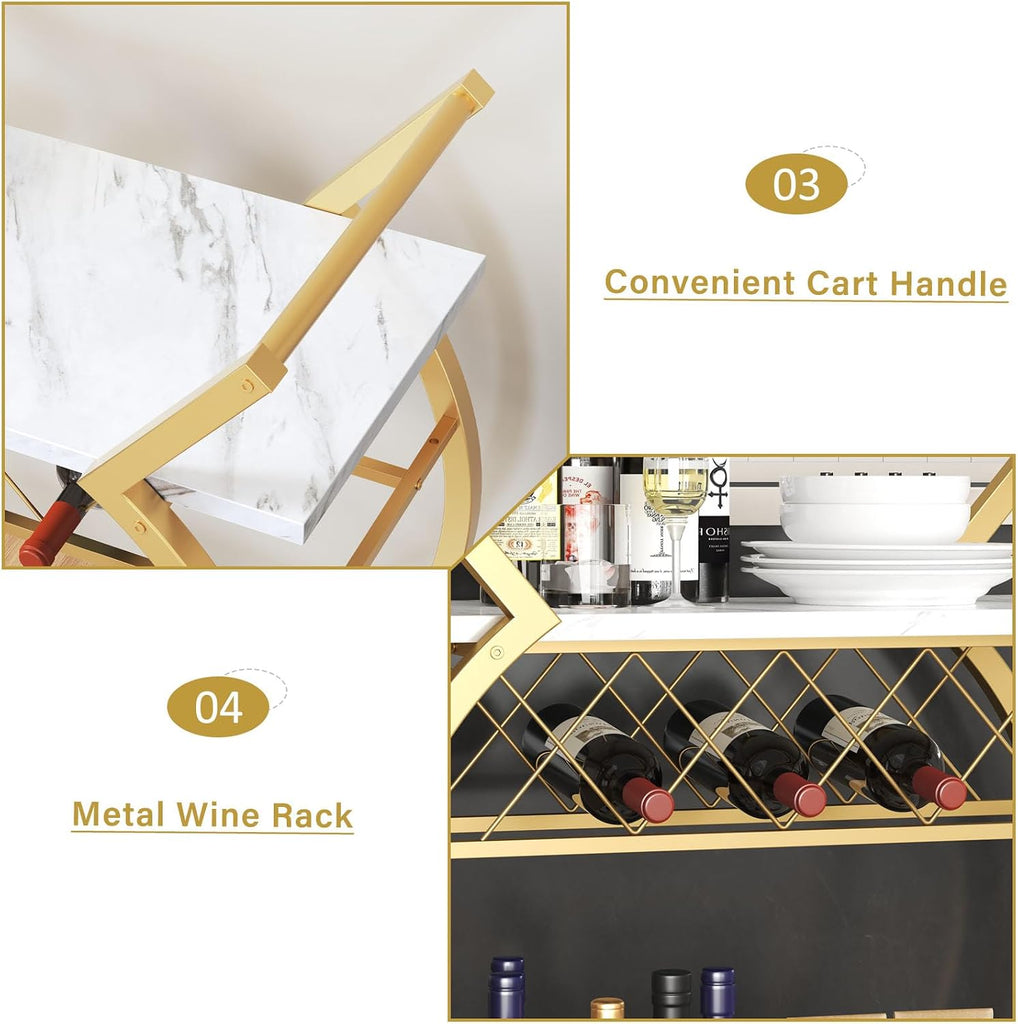 Gold Bar Cart with Wheels, Modern White Marble Home Bar Serving Cart | Drink Cart with Wine Rack, Metal Wooden