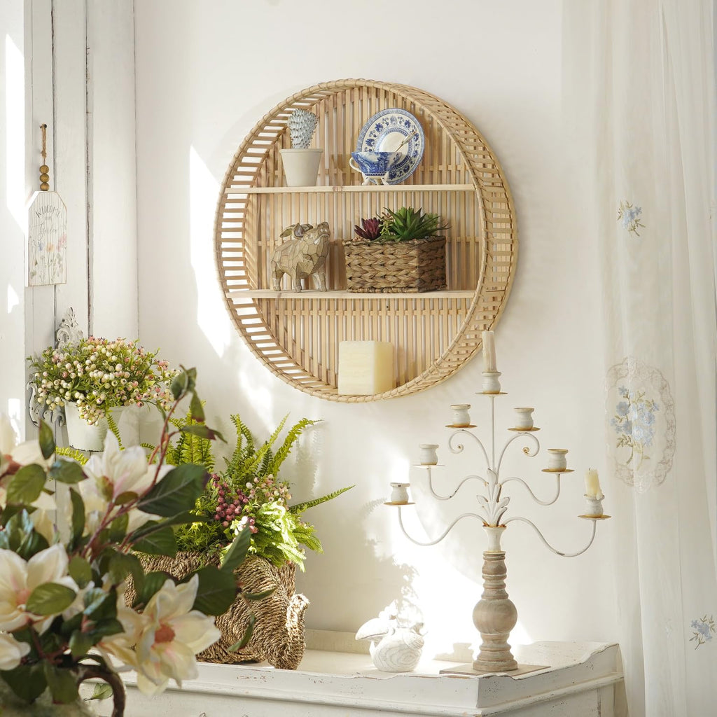 Rattan Wall Shelf 3 Tier Boho Wall Mounted Shelf Farmhouse Handcraft Round Floating Shelf Display Rack Storage