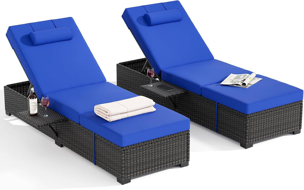 Patio Chaise Lounge Chair, 5-Positions Adjustable Wicker Outdoor Lounge Chairs with Side Table for Poolside, Deck