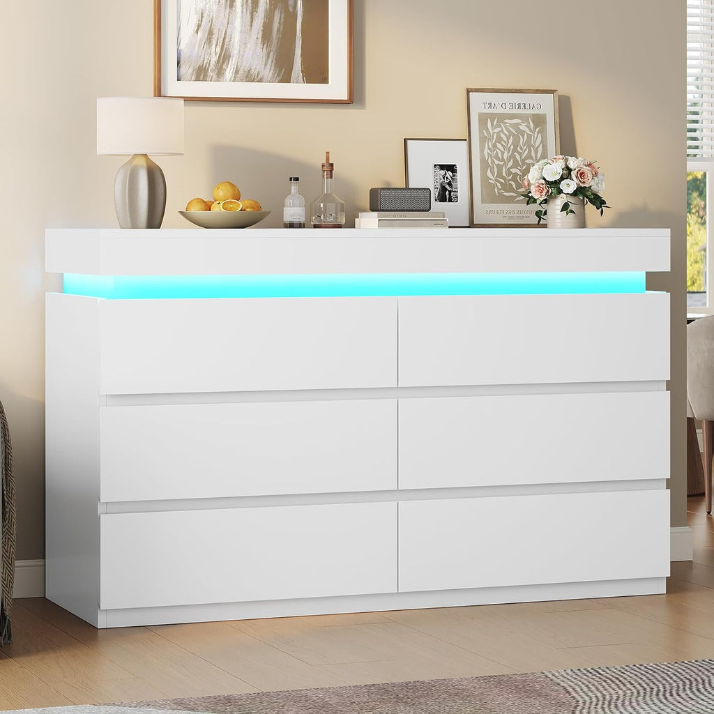 6 Drawer Dresser with LED Light, White Modern Chest of Drawers ,Closet Dressers with Drawers