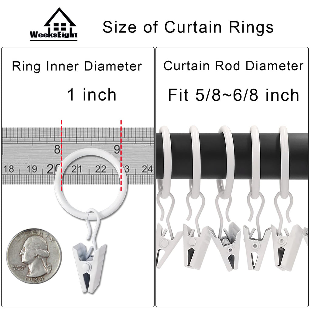 44 Pack Curtain Rings with Clips, 1 in ID, White