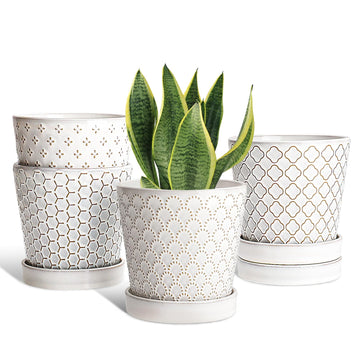 Ceramic Plant Pots Indoor, 5 Inch Planters with Drainage Holes and Ceramic Tray, Relief Design Flower Planter