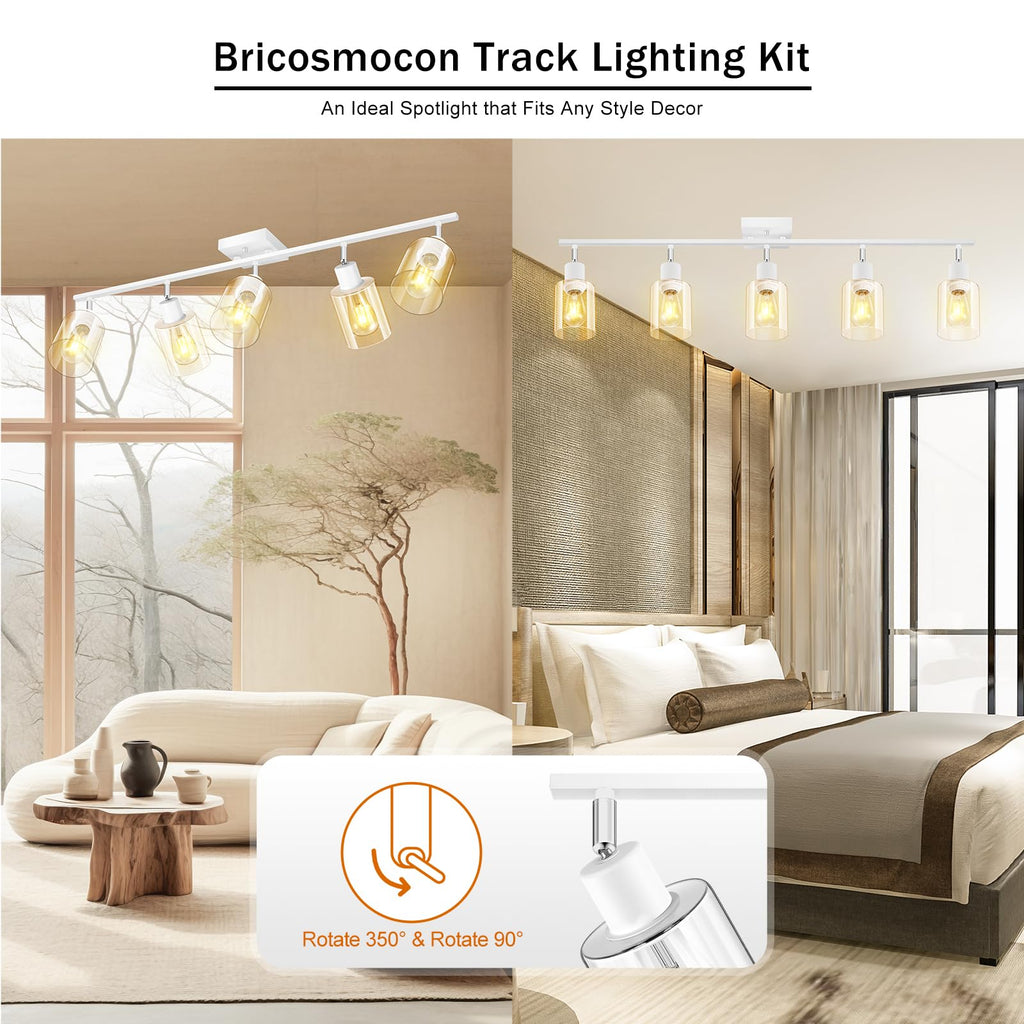 40" Track Lighting Fixtures Ceiling, 5-Light Track Light with Clear Glass Shade, White Ceiling Spotlight Kit