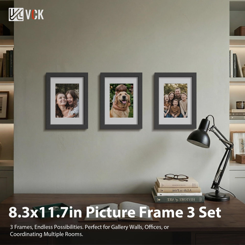 A4 Frame 3 Pack, Black Wood, A5 Mat, Glass, for Picture, Photo, Print