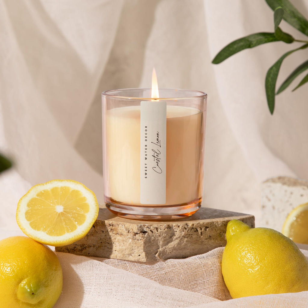 Coastal Lemon Scented Candles - Soy Candles with Lemon, Sea Salt, Jasmine & Driftwood - Summer Cozy Aroma - 50 Hour