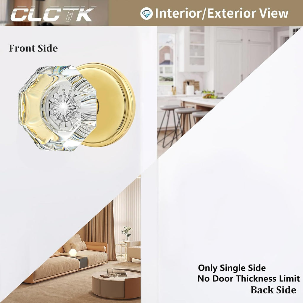 2 Pack Crystal Dummy Door Knobs, Non-Turning Single Side Dummy Door Knob Set, Polished Brass/Gold