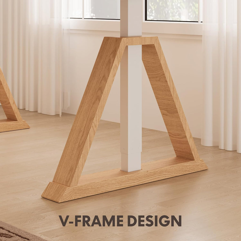 60 x 30 Inch Oak Executive Standing Desk, Natural | Japandi-Inspired Sit-Stand Desk, Architectural V-Frame Design