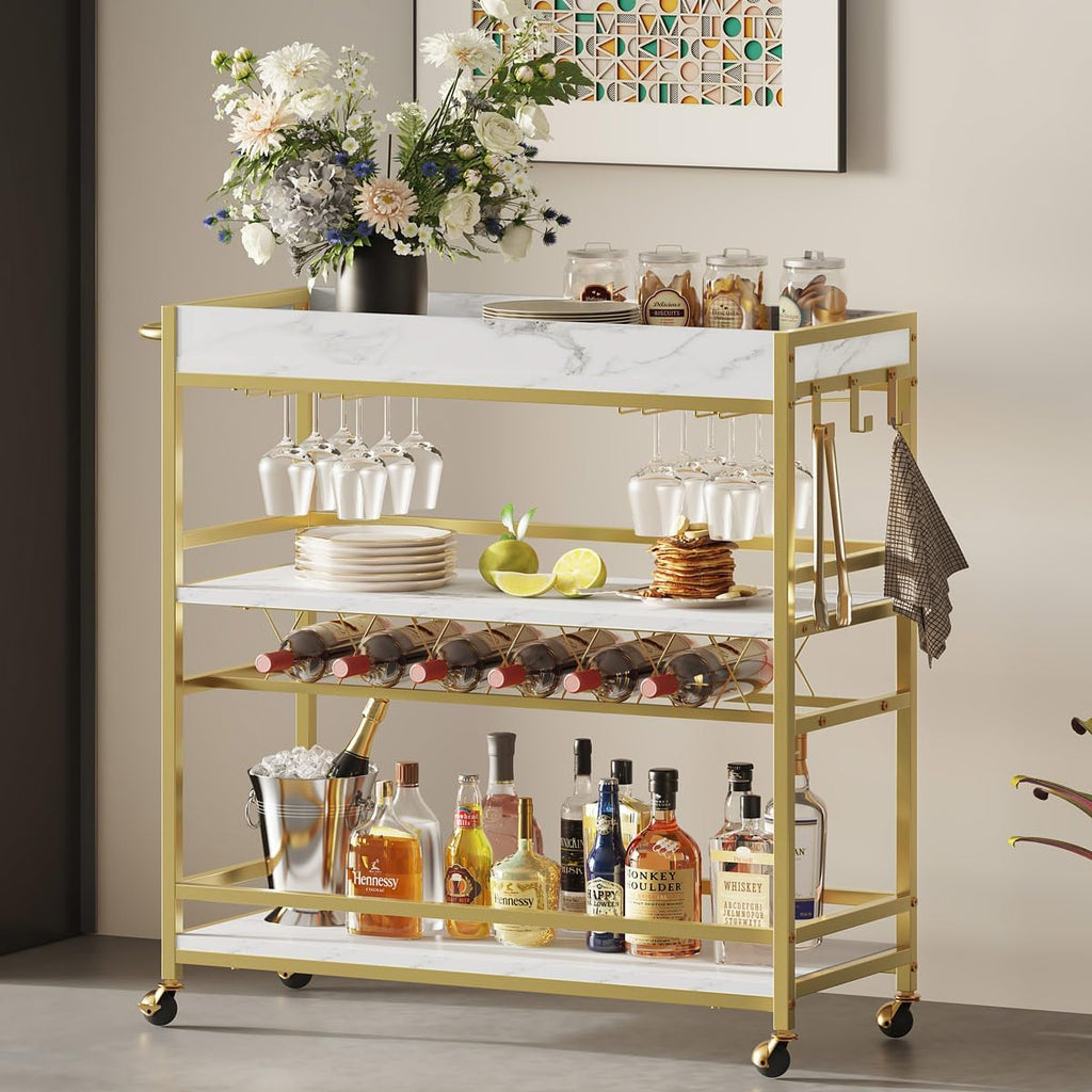 Gold Bar Cart on Wheels with Wine Rack & Glass Holders | 3-Tier, Rolling Serving Cart for liquor, Wine and Beverages
