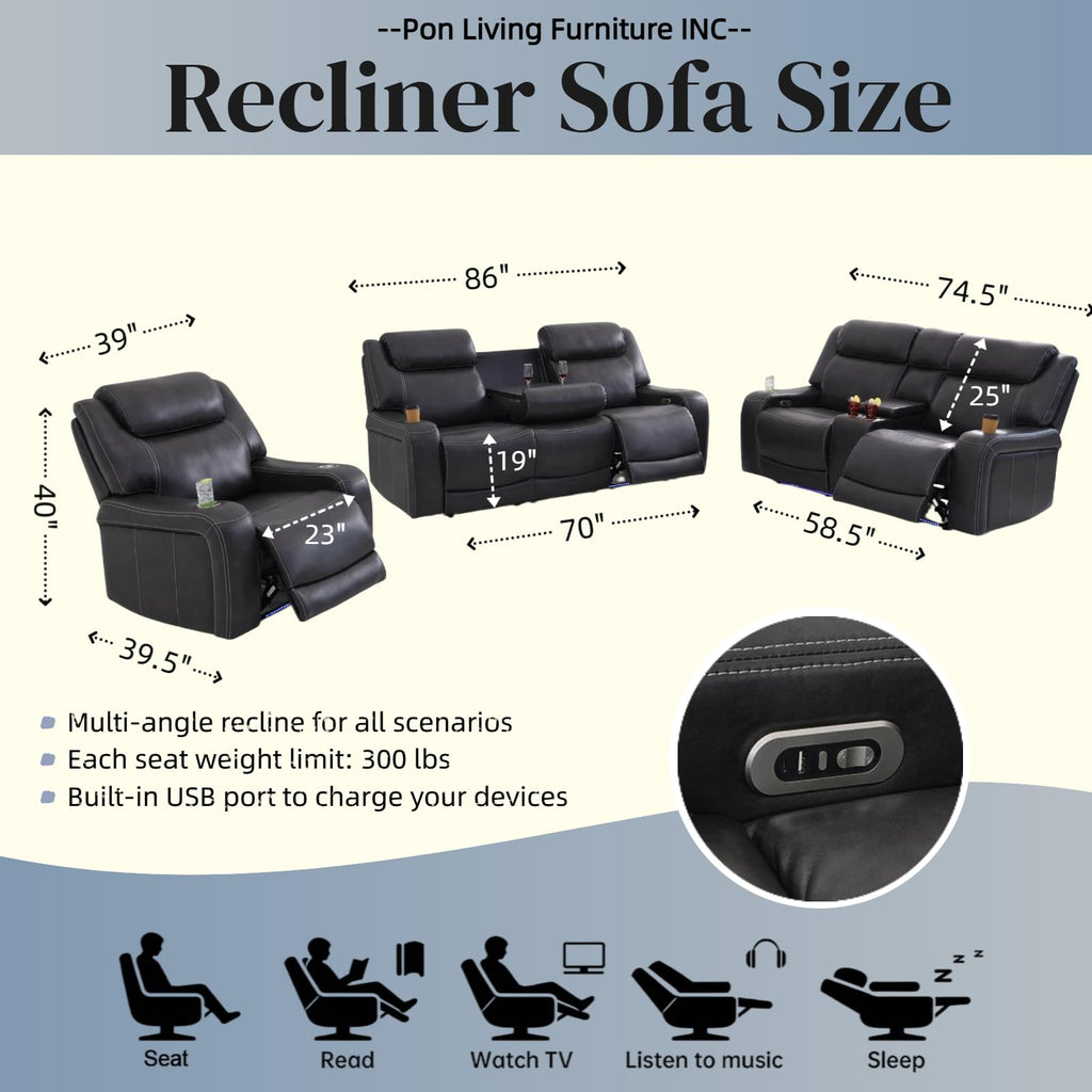 3 Piece Leather Power Reclining Sofa Set