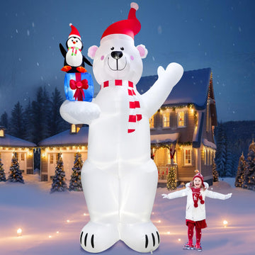 12.2FT Giant Christmas Inflatable Polar Bear & Penguin with Xmas Gift Box Decoration, Christmas Blow Up Penguin and