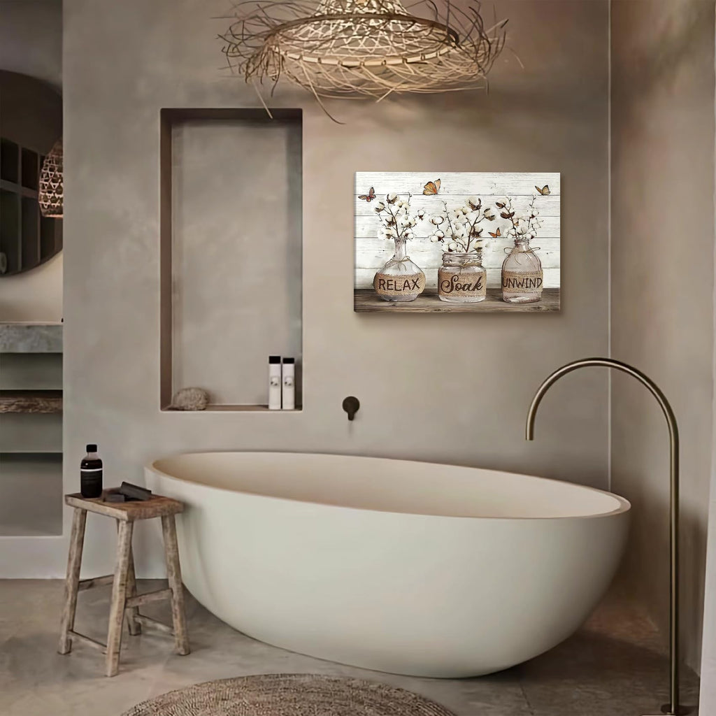 Rustic Cotton Flower Wall Art - Bathroom Canvas Decor (16x24in)