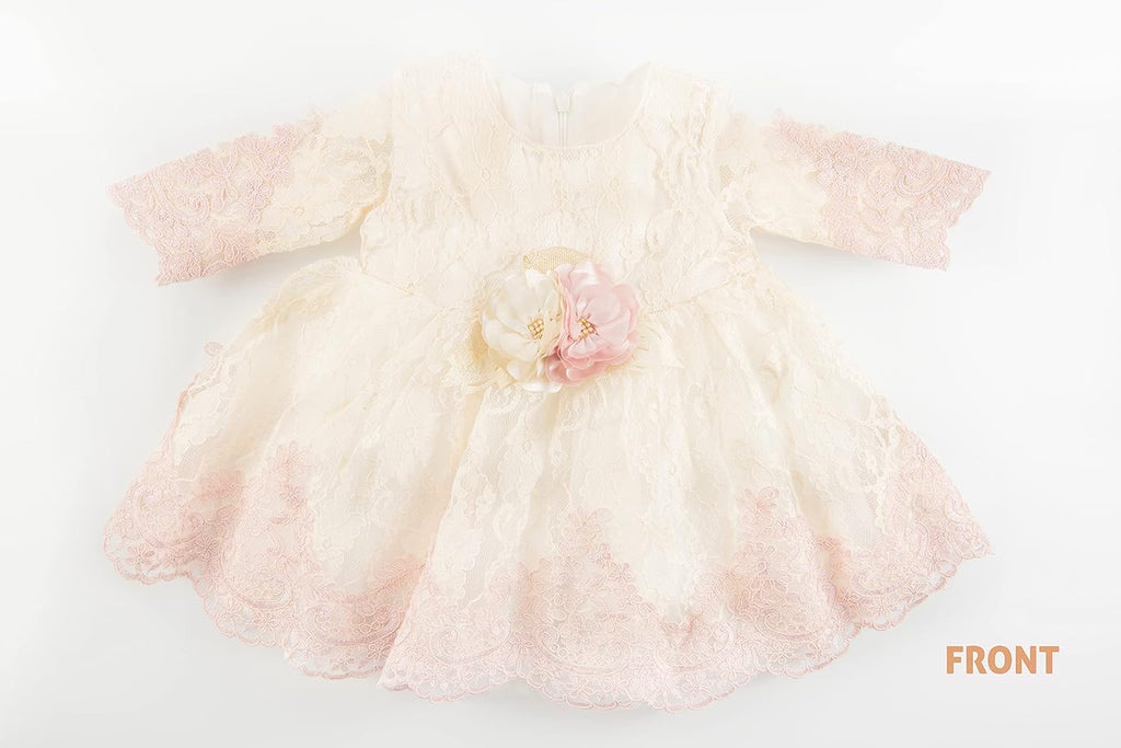 Newborn Baby Girl Lace Dress Set, 4pc Outfit for Special Occasions (US, Age, 0 Months, Pink, Ivory, Double Rose)