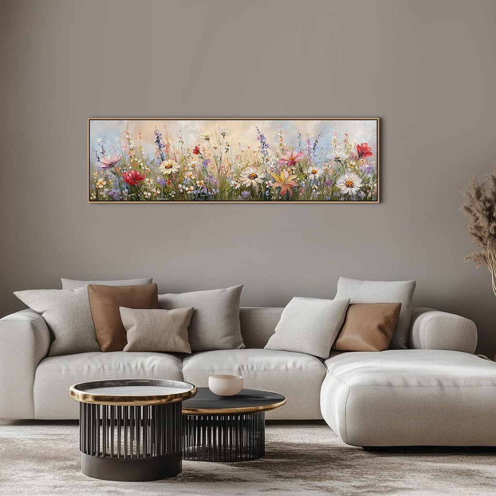 Wood Framed Wildflower Wall Art Bedroom Wall Decor Above Bed, Colorful Flower Poppy Daisy Picture Abstract Nature