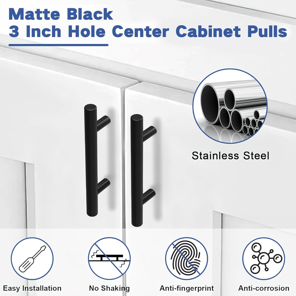 30 Pack Cabinet Handles Matte Black Cabinet Pulls with 3 Inch Hole Center, Stainless Steel Kitchen Cabinet Handles
