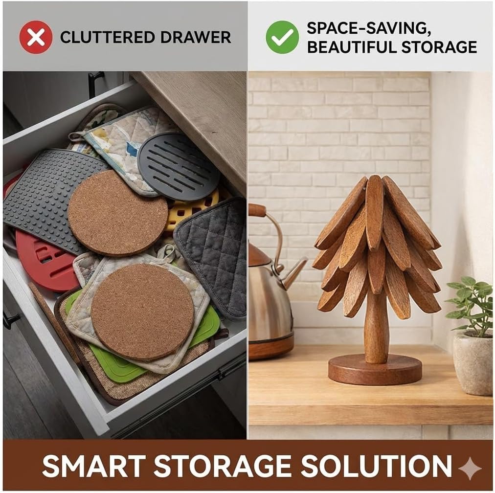 Wooden Trivets for Hot Dishes, Foldable Tree Trivet Set with Stand, 4-Layer Walnut Wood Trivet for Pots, Pans, Coffee - Set of 4
