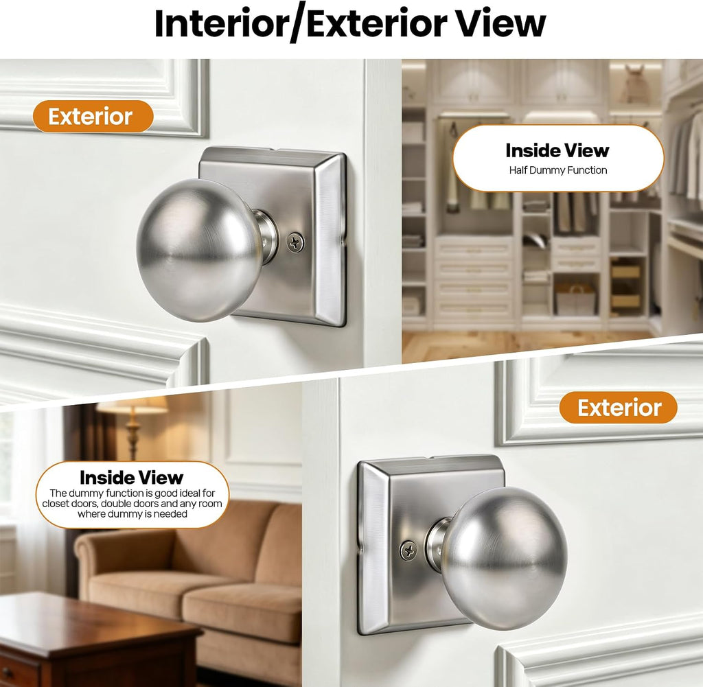 2 Pack Brushed Nickel Dummy Door Knobs Interior, Satin Nickel Door Knob Round Dummy Door Handle Interior for Hall