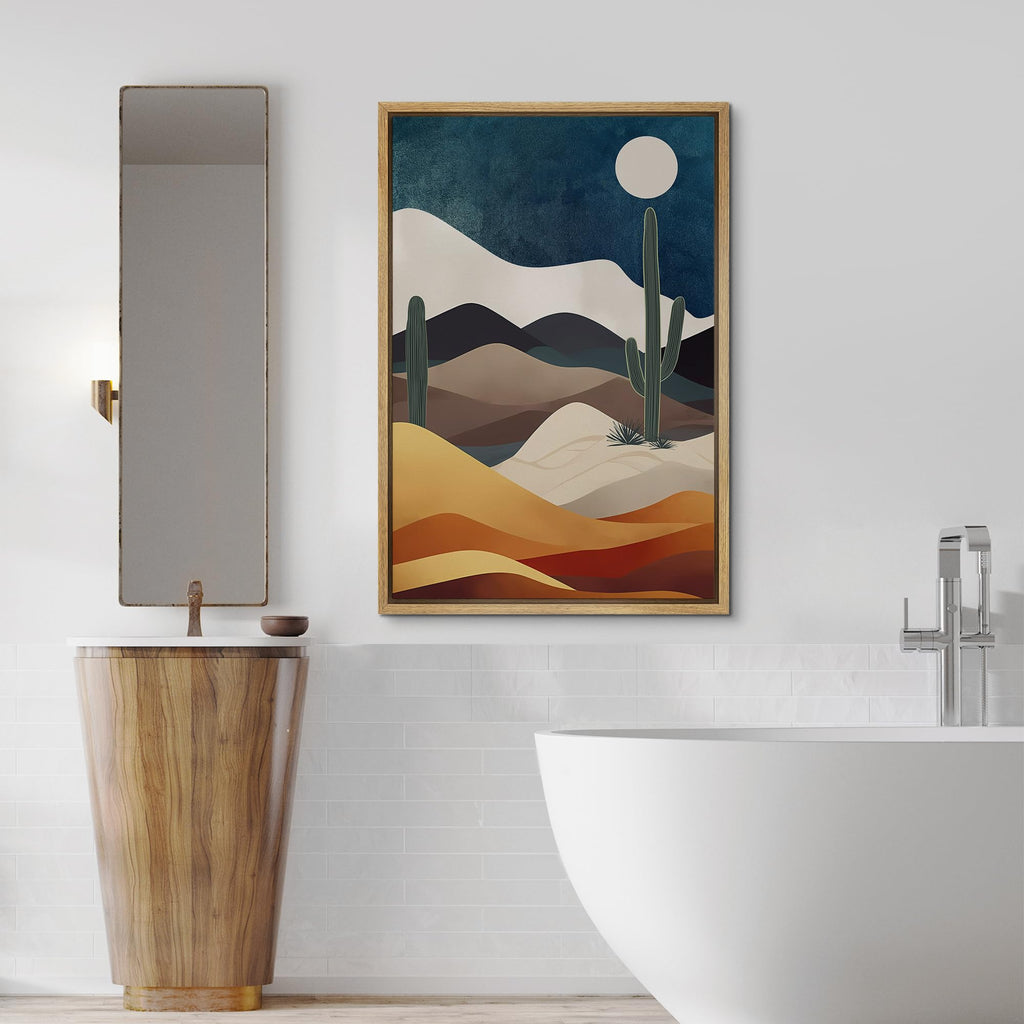 Framed Canvas Print Wall Art Midnight Moon Cactus Desert Dune Nature Wilderness Illustrations Decorative Bohemian