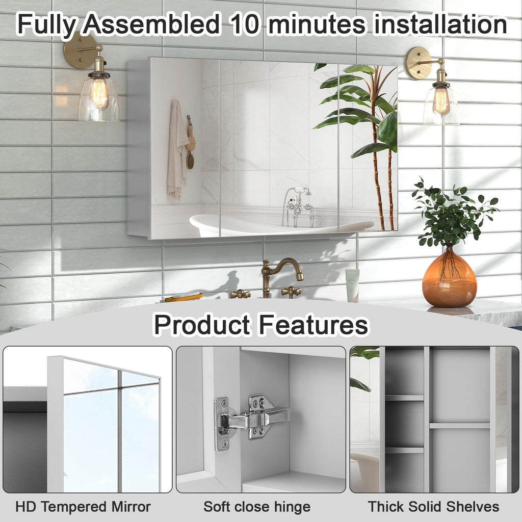 28x40 Inch Bathroom Medicine Cabinet with Mirror, Pre-Assembled Bathroom Medicine Cabinets, Surface/Recessed Wall