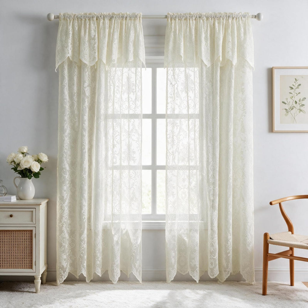 Cream Lace Curtains with Valances 84 Inches Long 2 Panels, Vintage French Floral Embroidered Semi Sheer Drapes Rod