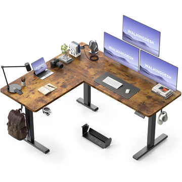 63X55 Inches Reversible L Shaped Standing Desk Height Adjustable with Cup Holder, Electric Corner Computer Desk, Sit