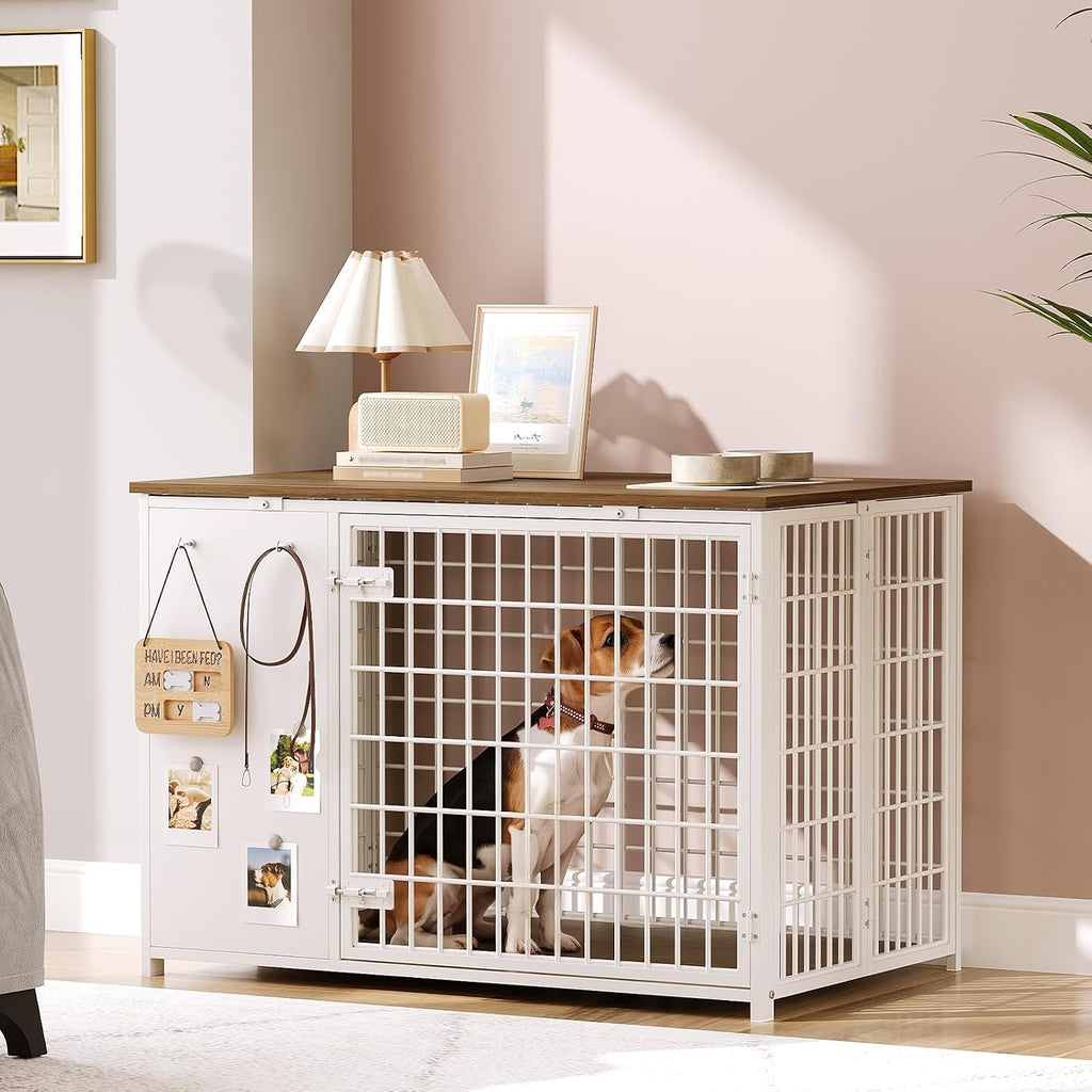 Foldable Dog Crate Furniture, Dog Crate with DIY Frame, Heavy Duty Dog Kennel Indoor with Hooks, Wooden Dog Cage End