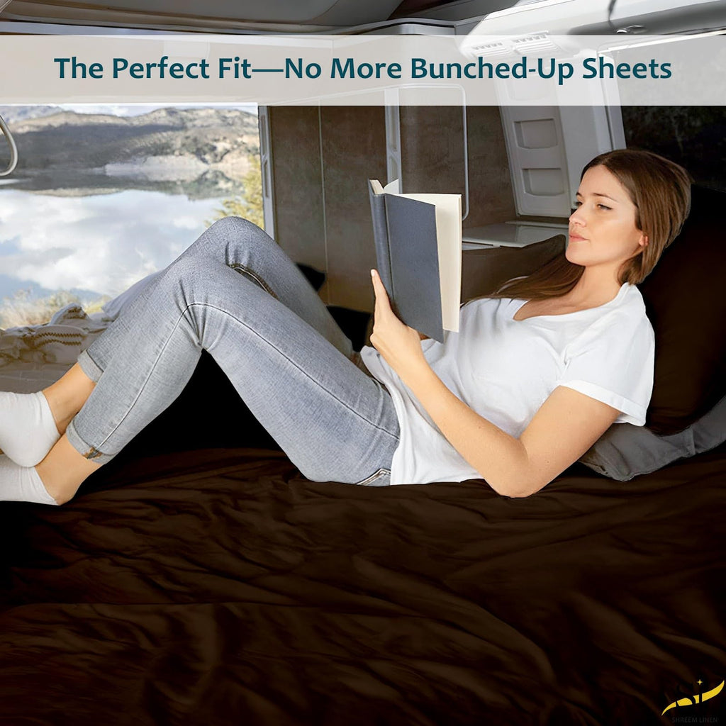 Olympic Queen Sheets 66x80, 100% Egyptian Cotton 4-Piece Camper Bedding Set, Fits 10-12" Deep RV Mattress, Chocolate