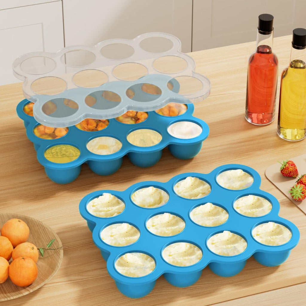 Food Storage Container, 12 Portions x 2.5oz - BPA Free Silicone Freezer Tray with Clip-On Lid for Breast Milk
