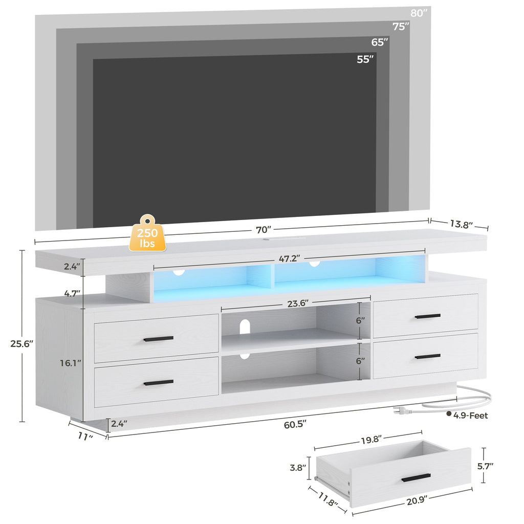 70" TV Stand for TVs up to 80", LED Entertainment Center, White
