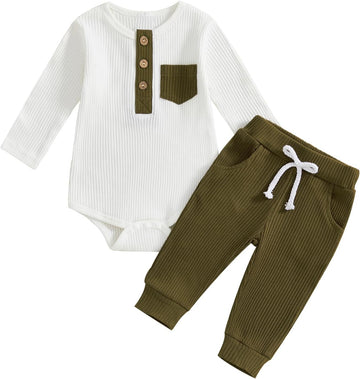 Baby Boy Clothes 3 6 12 Ribbed Knitted Long Sleeve Romper and Pants Sets Newborn Fall Splicing Color Outfits