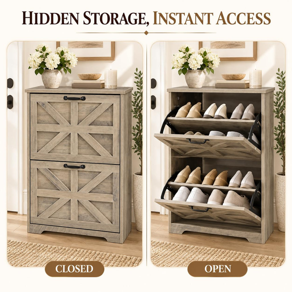 Farmhouse Narrow Shoe Storage Cabinet, Space-Saving Freestanding Shoe Rack Cabinet with 2 Flip-Up Drawers, Hidden