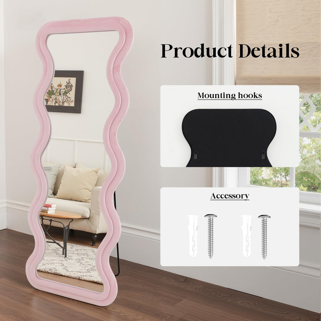 Irregular Wavy Full Length Mirror - 63"x24" Floor & Wall Mounted Mirror with Stand - Pink Flannel Wrapped Wooden Frame