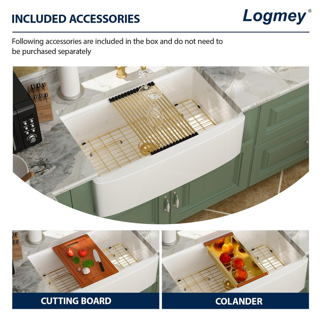 33" White Fireclay Apron Front Farmhouse Sink with Gold Accessories, 33x21x10 All in One Durable Ceramic Workstation