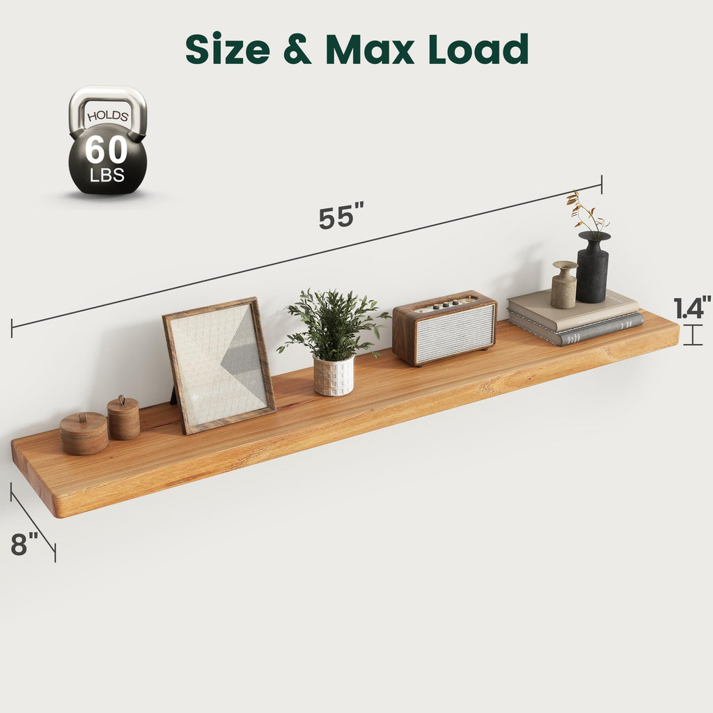 55in Solid Elm Wood Floating Shelves for Wall, Natural, Set of 1