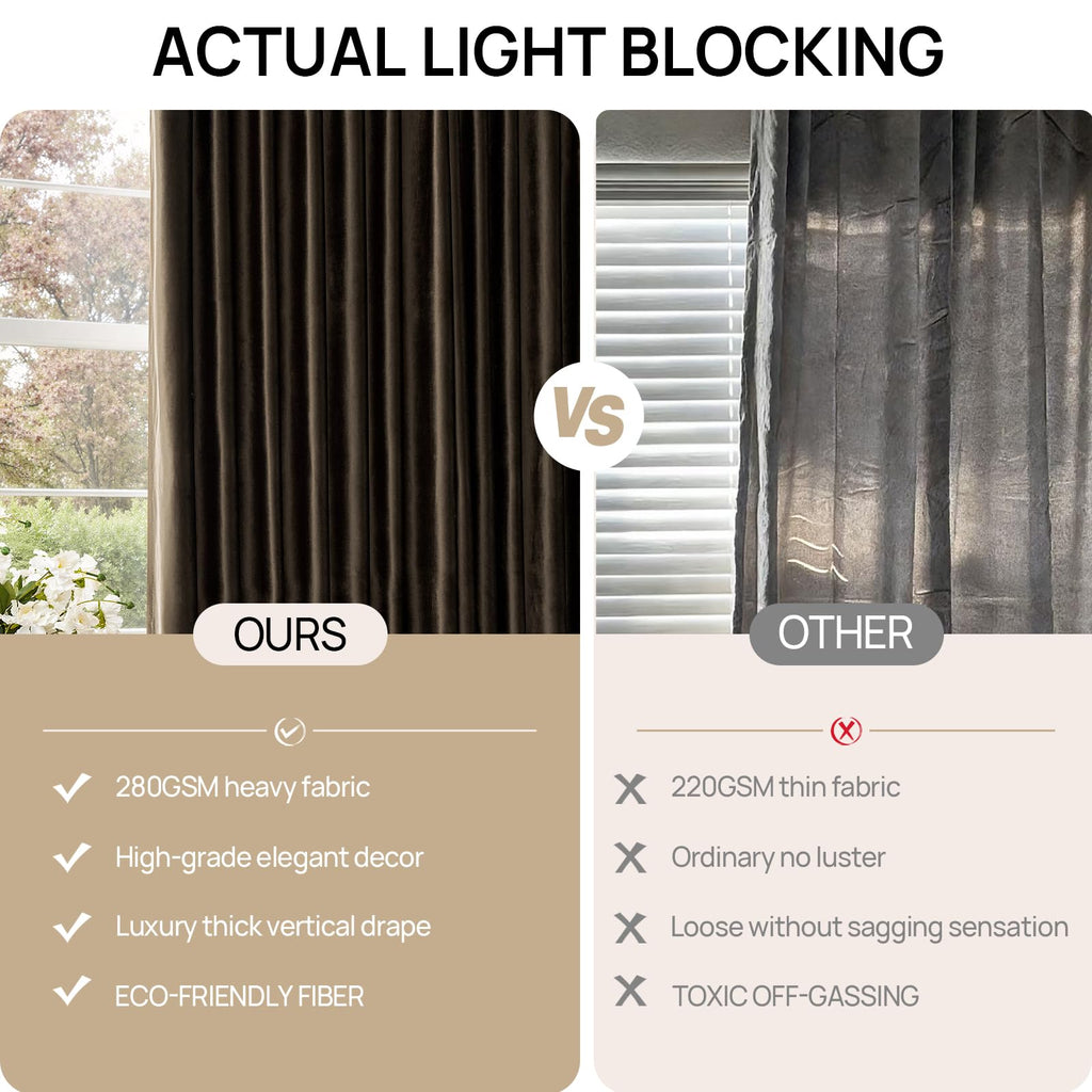 Brown Velvet Pinch Pleated Curtains: Living Room 108 Inches Long 2 Panels Set Luxury Darkening Thermal Insulated