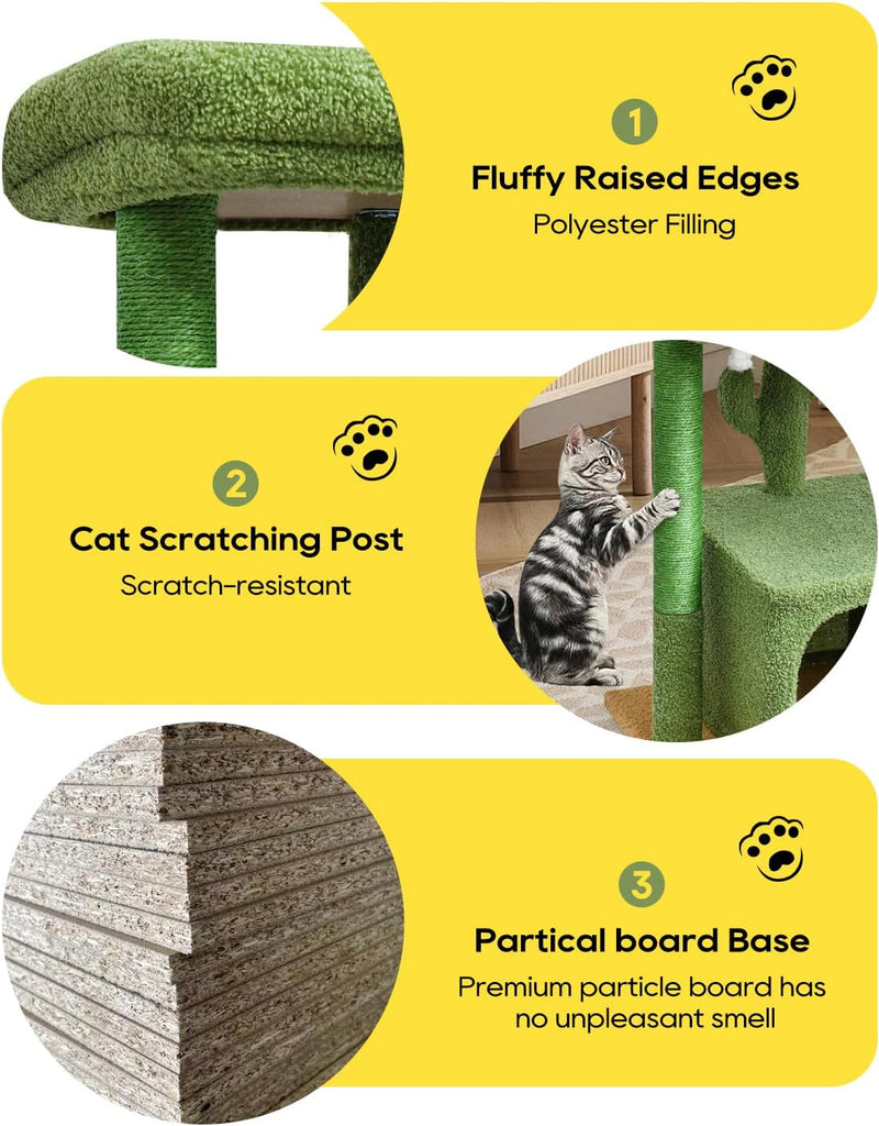27" Cactus Cat Tree for Indoor Cats, Green Modern Activity Tower